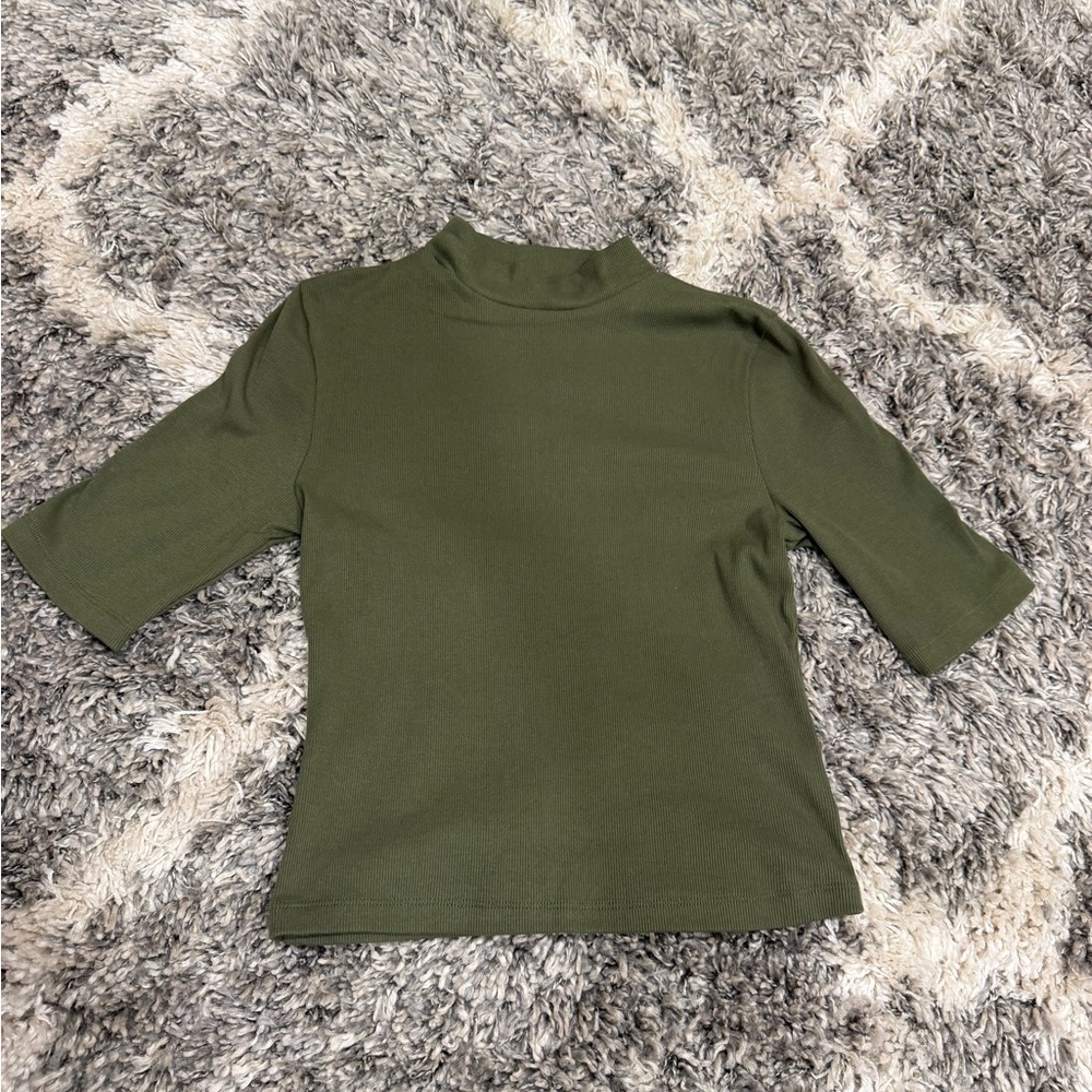 Express Olive Ribbed Mock Neck Short Sleeve Top